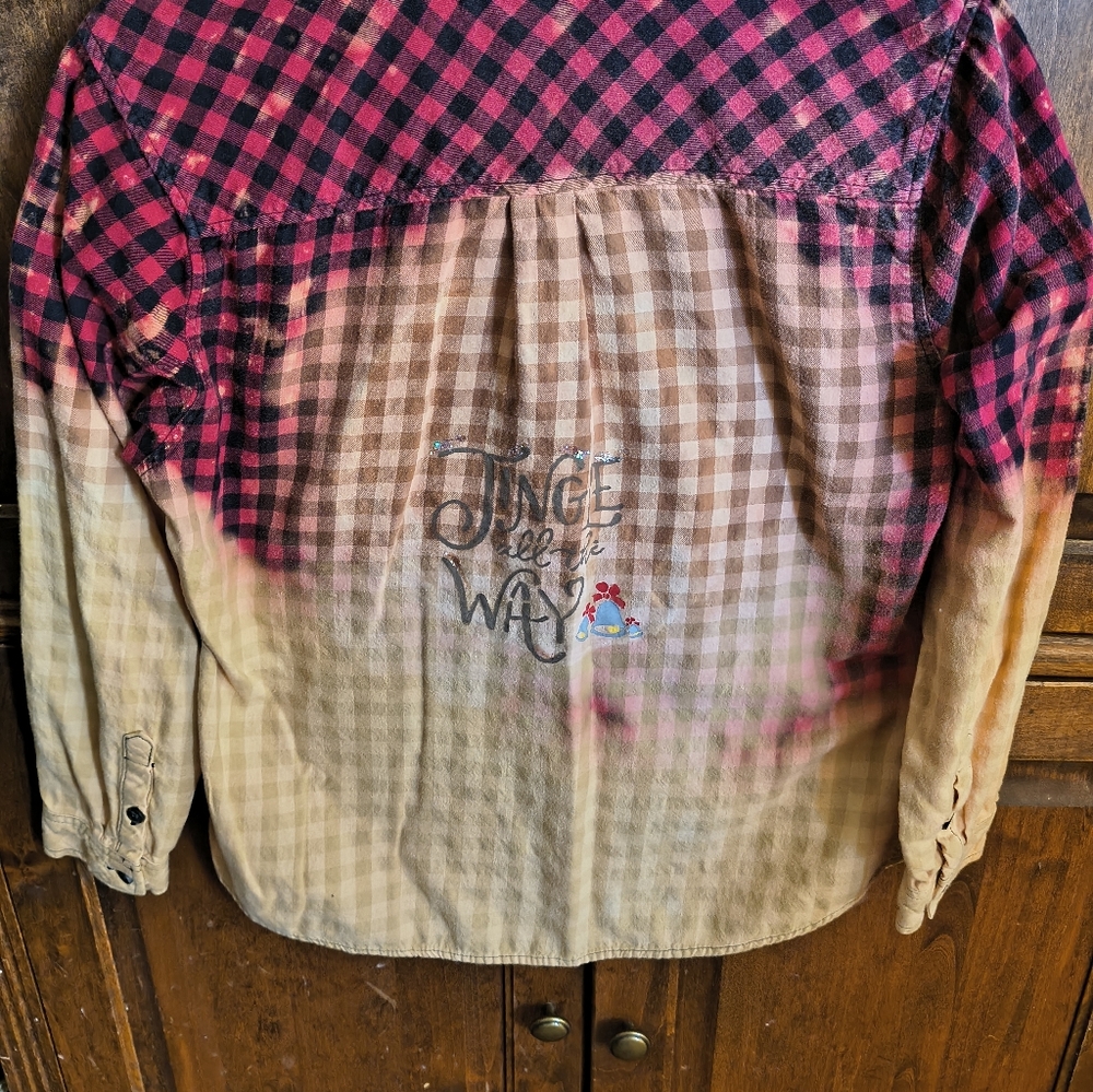 Red Black Plaid Bleached Flannel Christmas Hand Painted. Size Medium